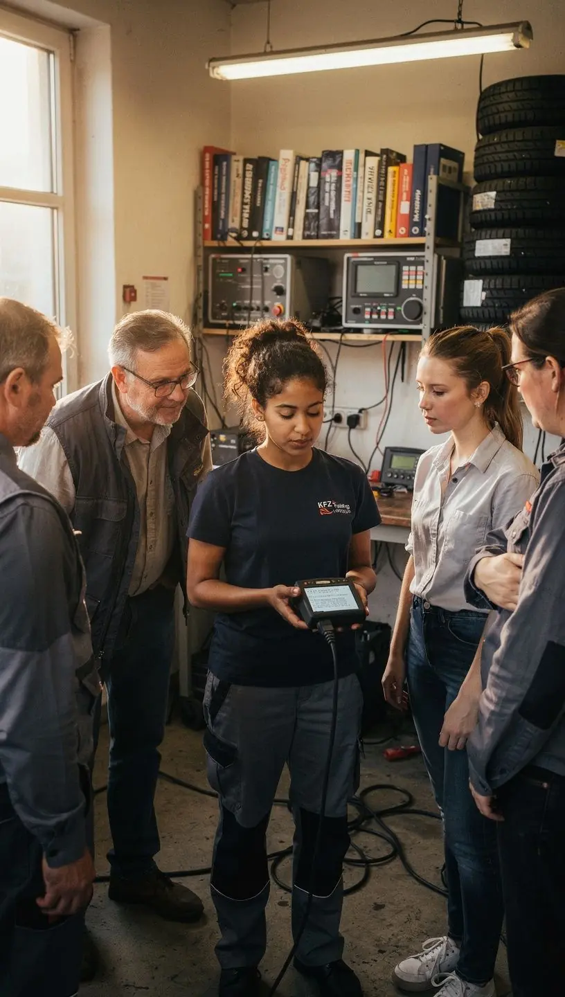 Fachkraft zeigt Teilnehmern in moderner Werkstatt grundlegende Fahrzeugreparaturtechniken