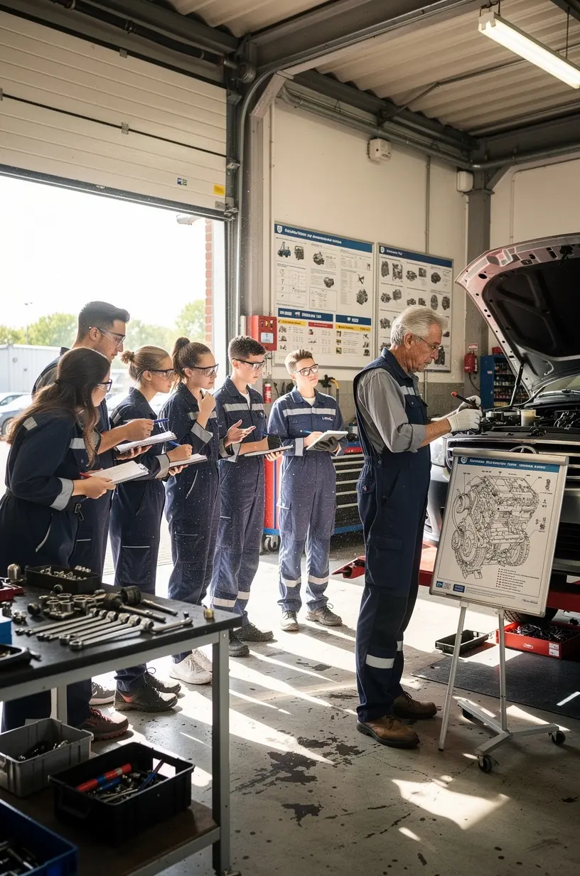 Ausbilder erklärt praxisnah den Austausch von Autoteilen während eines Trainingsworkshops